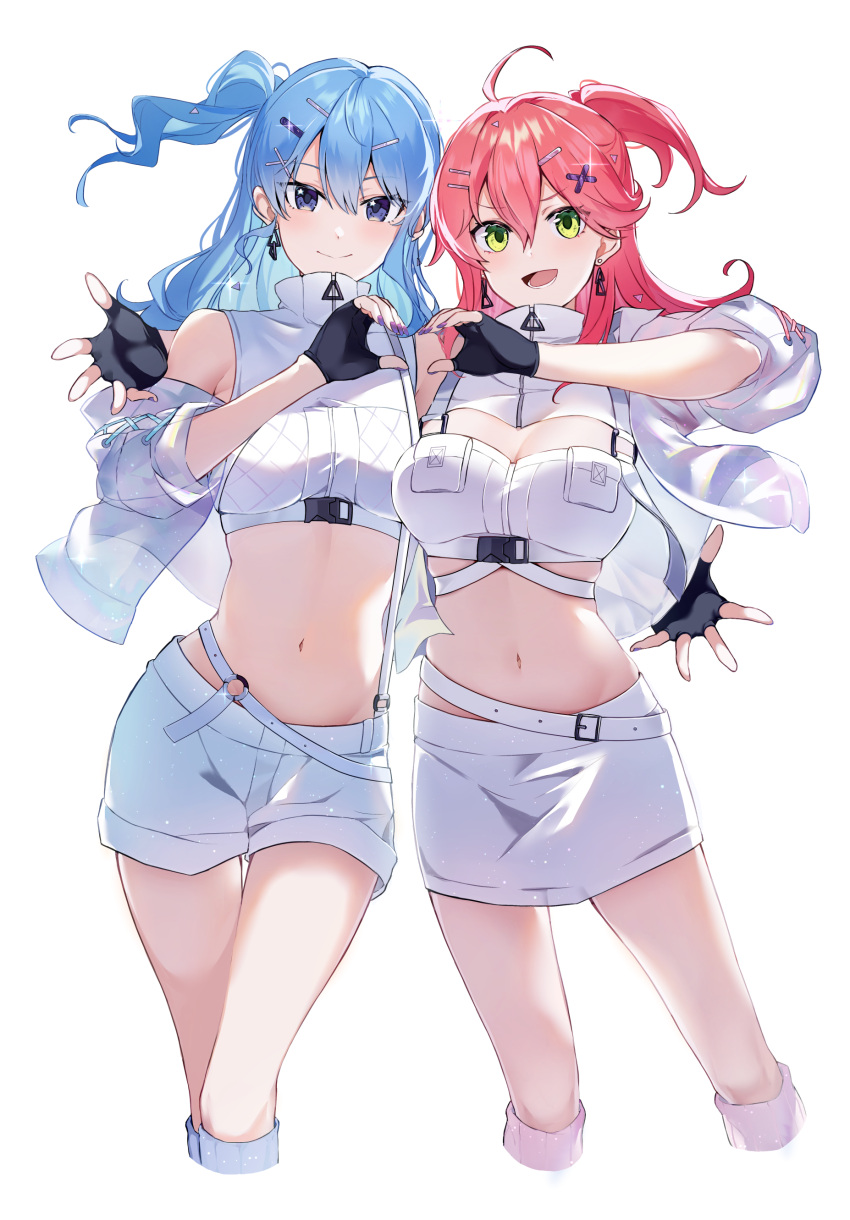 2girls absurdres ahoge aya02ka black_gloves blue_eyes blue_hair blue_socks breasts cleavage_cutout closed_mouth clothing_cutout crop_top cropped_jacket cropped_legs earrings fingerless_gloves gloves green_eyes hair_between_eyes hair_ornament hairclip heart heart_hands heart_hands_duo high_collar highres hololive hoshimachi_suisei jacket jewelry large_breasts long_hair looking_at_viewer micomet_(hololive) midriff multiple_girls official_alternate_costume one_side_up open_mouth pink_socks sakura_miko see-through see-through_jacket shorts side-by-side simple_background skirt sleeveless sleeveless_jacket small_breasts socks sugar_rush_(hololive) transparent_background triangle_earrings turtleneck turtleneck_jacket unfinished upper_body v-shaped_eyebrows virtual_youtuber white_jacket white_shorts white_skirt x_hair_ornament