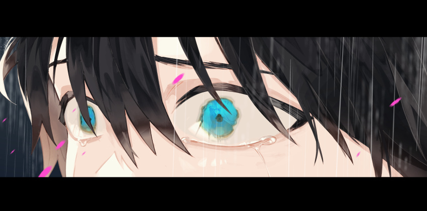 2boys absurdres black_background black_hair blood blood_splatter blue_eyes crying crying_with_eyes_open eye_reflection hair_between_eyes highres koshotengai_no_hashihime male_focus minakami_(koshotengai_no_hashihime) multiple_boys pen pink_blood rain reflection short_hair shrount smile stab suicide tamamori_(koshotengai_no_hashihime) tears wide-eyed