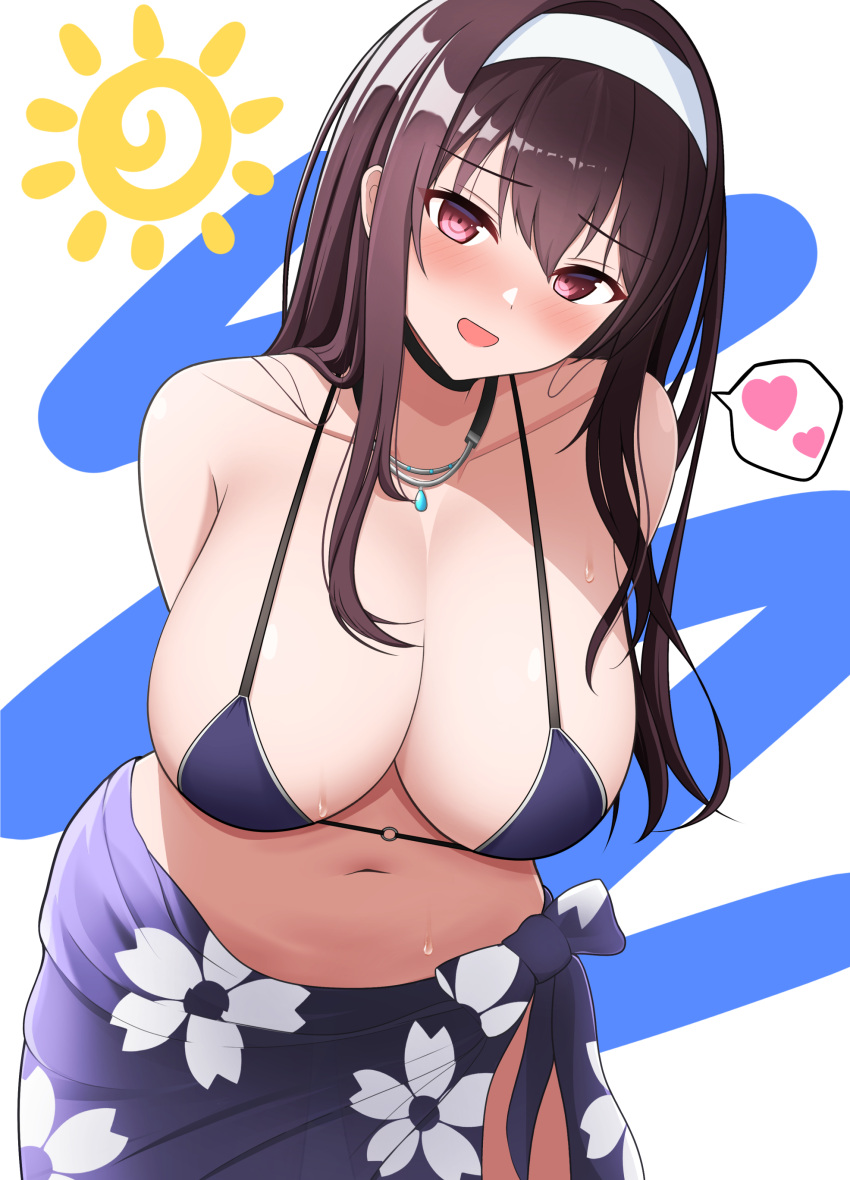 :d absurdres black_choker breasts brown_hair child's_drawing choker collarbone commentary_request female floral_print hairband heart highres jewelry kasumigaoka_utaha large_breasts leaning_forward long_hair looking_at_viewer navel necklace open_mouth print_sarong red_eyes saenai_heroine_no_sodatekata sarong siguren126 smile solo speech_bubble spoken_heart stomach sun white_background white_hairband