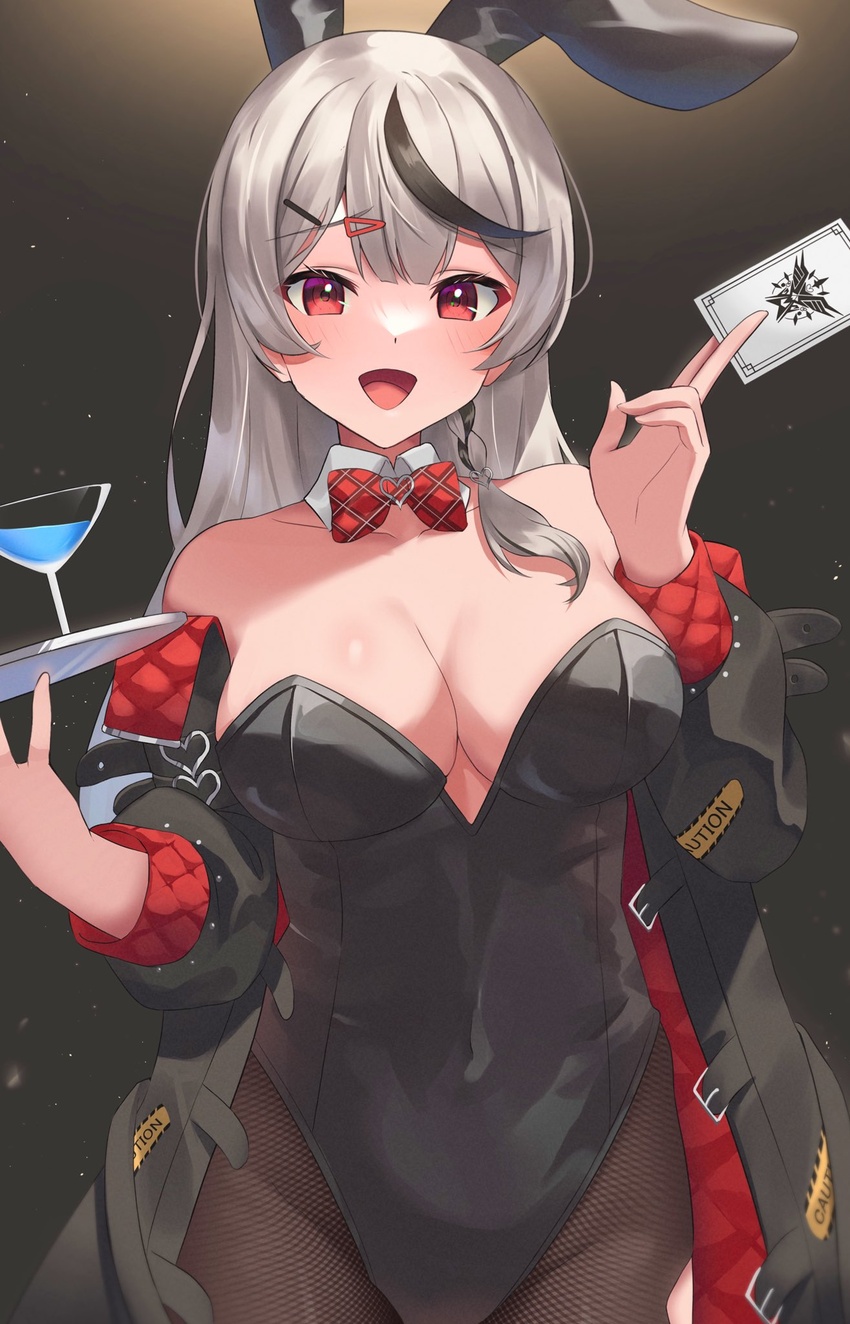 animal_ears bare_shoulders black_hair black_jacket black_leotard black_pantyhose bow bowtie breasts card cleavage cocktail_glass collar commentary_request covered_navel cowboy_shot cup detached_collar drinking_glass fake_animal_ears female grey_hair highres holding holding_card holding_tray hololive jacket large_breasts leotard long_hair long_sleeves looking_at_viewer multicolored_hair open_mouth pantyhose pendora1022 plaid plaid_bow plaid_bowtie playboy_bunny rabbit_ears red_bow red_bowtie red_eyes sakamata_chloe solo strapless strapless_leotard streaked_hair traditional_bowtie tray virtual_youtuber white_collar