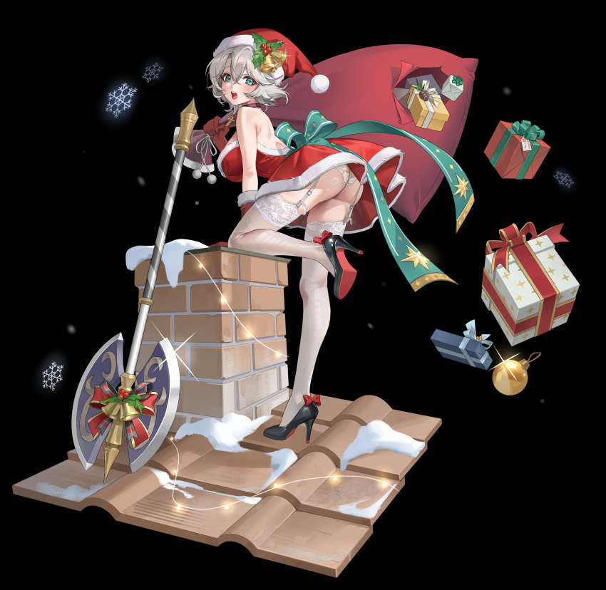 absurdres ass axe bag black_background blue_eyes box breasts brown_dust_2 chimney christmas christmas_ornaments cross cross_necklace dress female footwear_ribbon from_side garter_belt gift gift_box hair_between_eyes hat hat_ornament high_heels highres holding holding_bag hole jewelry jyuma large_breasts looking_at_viewer mittens necklace open_mouth panicking red_bag red_mittens ribbon santa_costume santa_dress santa_hat short_hair snow snowflakes solo standing standing_on_one_leg strapless strapless_dress teresse_(brown_dust) thighhighs tile_roof white_thighhighs