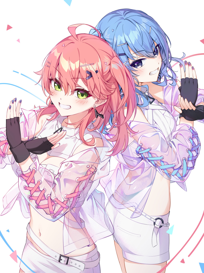 2girls absurdres ahoge bare_shoulders belt black_gloves blue_eyes blue_hair blush breasts butt_crack cleavage_cutout clothing_cutout commentary crop_top cross-laced_clothes cross-laced_sleeves double-parted_bangs fingerless_gloves gloves grin hair_ornament hairclip high_collar highres hololive hoshimachi_suisei jacket long_hair long_sleeves looking_at_viewer median_furrow medium_breasts micomet_(hololive) midriff miniskirt multiple_girls navel off_shoulder official_alternate_costume one_side_up pink_hair sakura_miko see-through see-through_jacket shirt shorts skirt sleeveless sleeveless_shirt smile star_(symbol) star_in_eye sugar_rush_(hololive) symbol_in_eye tang-du turtleneck virtual_youtuber white_background white_shorts white_skirt x_arms x_hair_ornament zipper_pull_tab