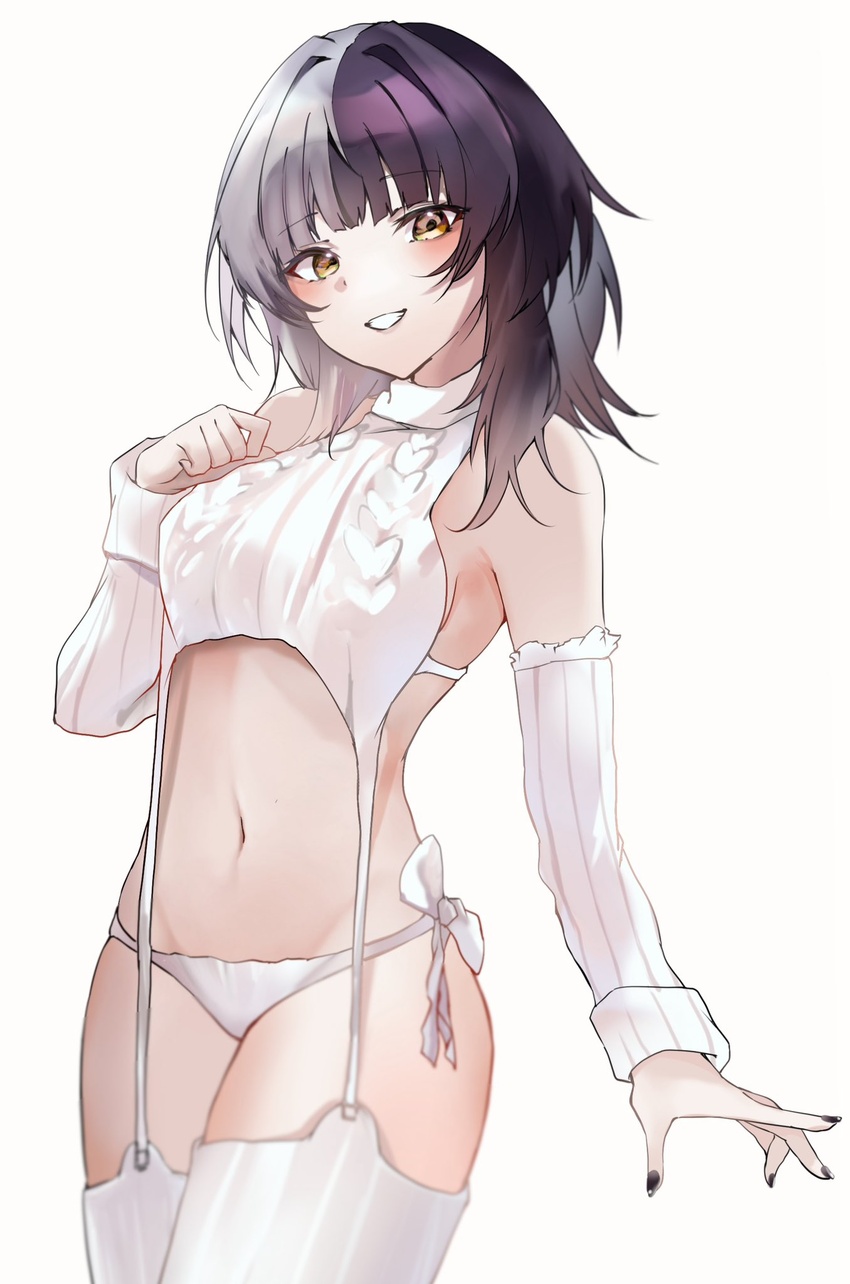 alternate_costume black_hair blush breasts caicos commentary detached_sleeves female grey_hair highres hololive hololive_english large_breasts long_hair looking_at_viewer meme_attire multicolored_hair navel panties shiori_novella solo split-color_hair sweater symbol-only_commentary turtleneck two-tone_hair underwear virgin_destroyer_sweater virtual_youtuber yellow_eyes