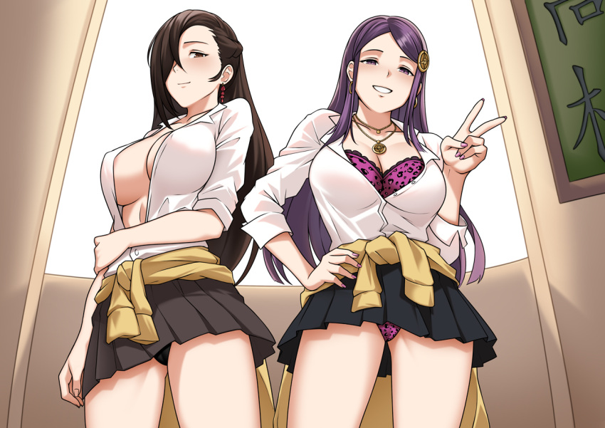 2girls alternate_costume alternate_hairstyle amesuku_gyaru animal_print bbk_(13zk) black_panties blush bra breasts brown_eyes brown_hair cameltoe cleavage clothes_around_waist commission contemporary cowboy_shot earrings english_commentary fire_emblem fire_emblem_fates gyaru hair_ornament hair_over_one_eye hairpin hands_on_own_hips heart heart_earrings holding_own_arm hoop_earrings indoors jewelry kagero_(fire_emblem) kogal large_breasts leopard_print long_hair looking_at_viewer mature_female multiple_girls naughty_face necklace no_bra open_clothes open_mouth open_shirt orochi_(fire_emblem) panties pantyshot pink_nails ponytail purple_bra purple_eyes purple_hair purple_panties romaji_text smile sweater sweater_around_waist underwear v