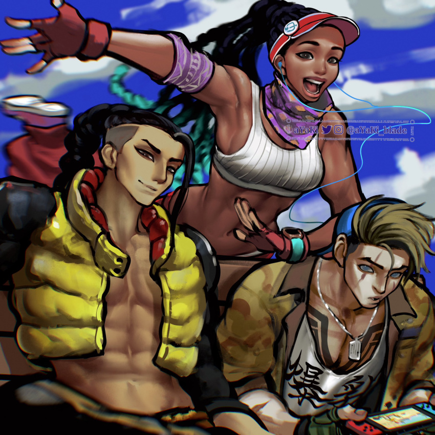 2boys abs armband ayaki_blade bare_pectorals black_eyes black_hair blonde_hair blurry braid breasts chest_tattoo chromatic_aberration commentary_request cropped_jacket dark-skinned_female dark_skin dog_tags dreadlocks earphones female fingerless_gloves gloves handheld_game_console highres jamie_siu kimberly_jackson long_hair luke_sullivan multiple_boys nintendo_switch open_mouth pectorals playing_games purple_bandana scar scar_across_eye scar_on_arm scar_on_cheek scar_on_face sideboob single_braid sports_bra street_fighter street_fighter_6 tattoo undercut visor_cap watch white_sports_bra wristwatch