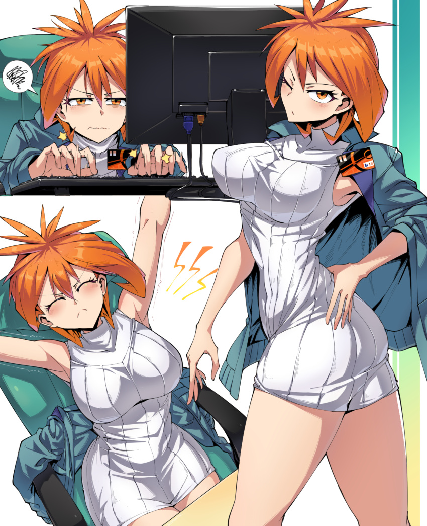 :< ass at_computer breasts brigette_(pokemon) chair collage computer_keyboard dress female flat_ass highres jacket jacket_on_shoulders large_breasts monitor office_chair one_eye_closed orange_eyes orange_hair pokemon pokemon_bank pout ribbed_dress shimure_(460) short_hair sitting sleeveless sleeveless_dress solo spiked_hair spoken_squiggle squiggle standing sweater sweater_dress swivel_chair twisted_torso typing white_dress