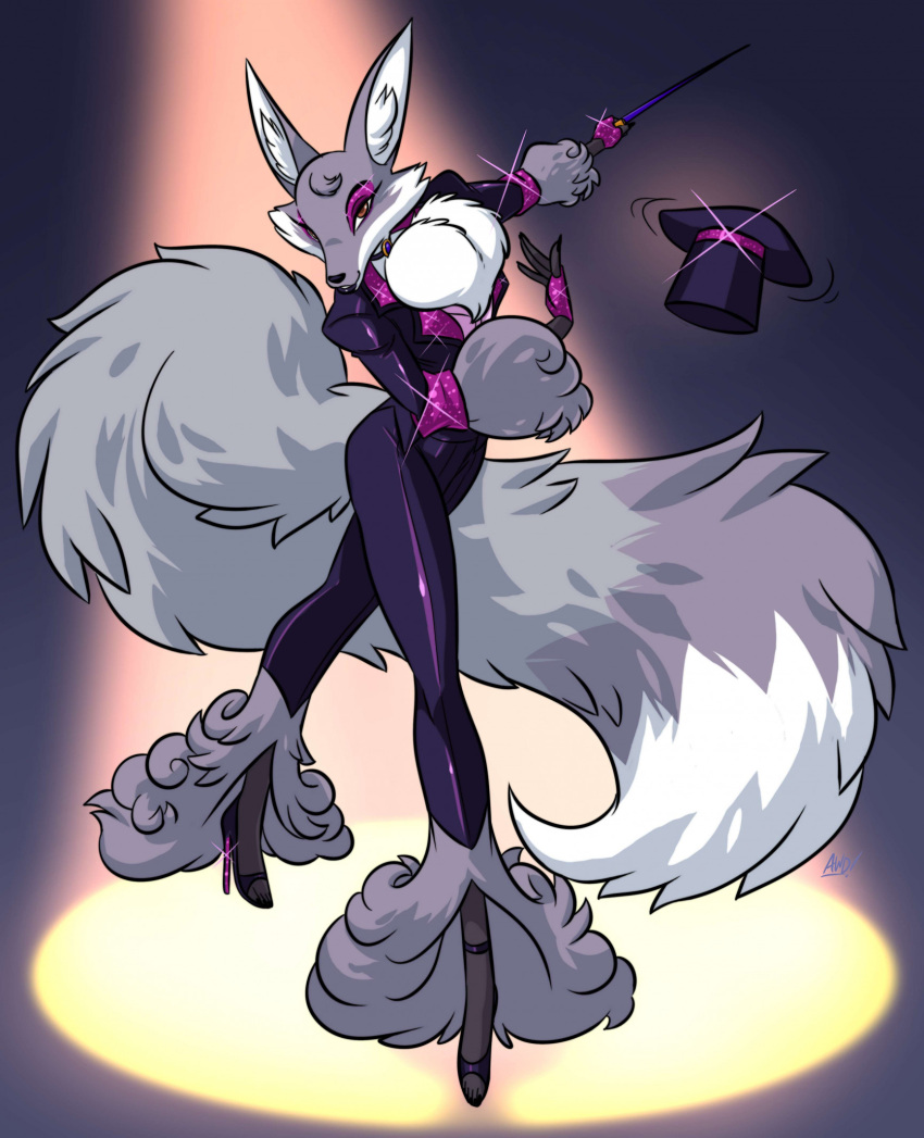 alistair_(crovirus) anthro arm_tuft avoid_posting big_tail black_lipstick bowing brown_eyes cane canid canine clothing eyeshadow femboy fennec_fox fingerless_gloves footwear fox glitter gloves handwear hi_res high_heels leg_tuft lipstick looking_at_viewer magician magician_hat makeup male mammal open_toe_heels pink_eyeshadow pose simple_background smile solo spotlight tail themadcatter true_fox tuft