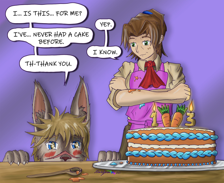 absurd_res anthro apron auroran_archive birthday brown_body cake candle carrot carrot_cake clothing colored curious dessert english_text farfener female food happy hi_res human kind kindness lagomorph leporid links male mammal mel_(links) plant platter rabbit surprise text the_auroran_archives trip_(links) vegetable