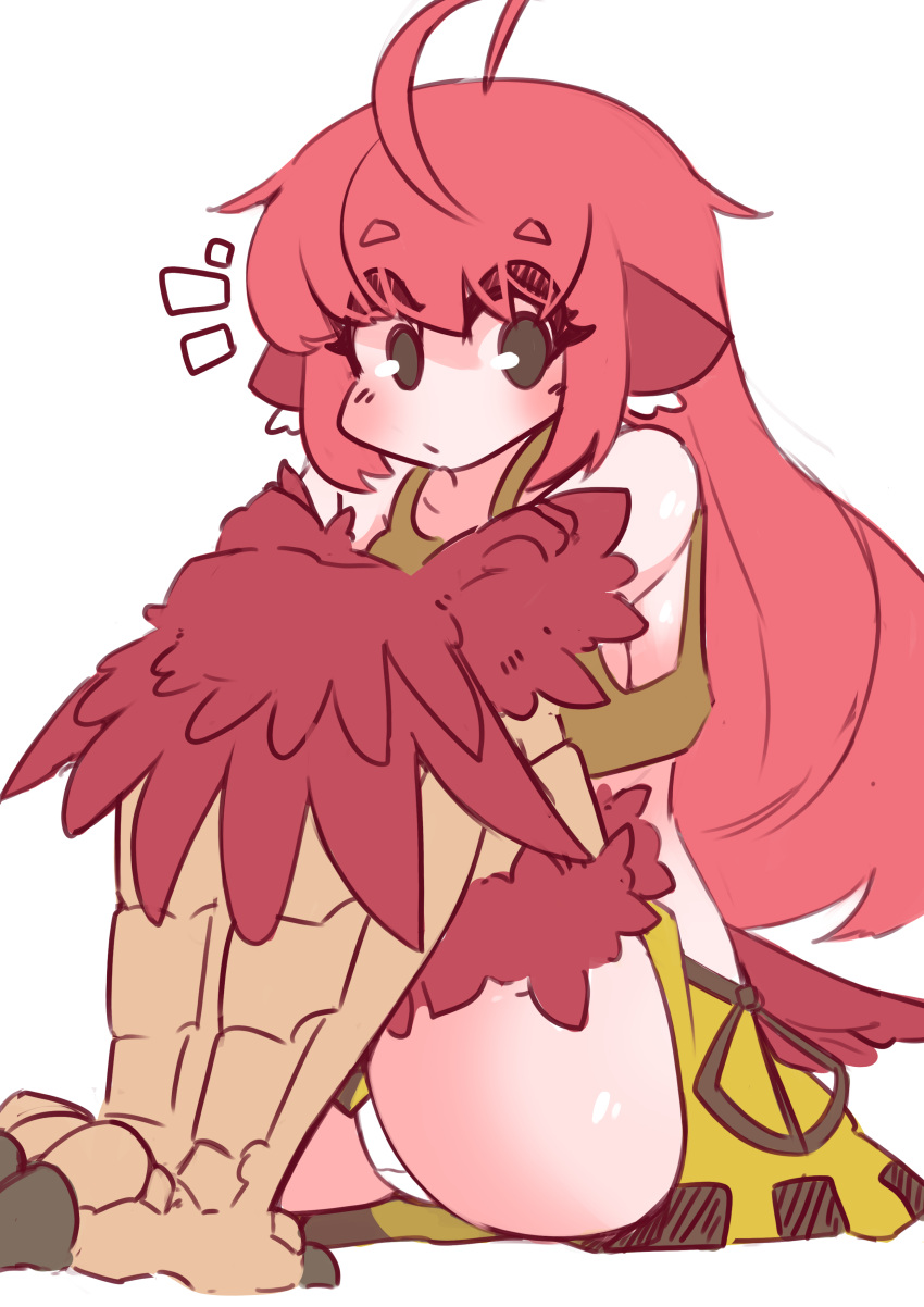 absurdres ahoge animal_ears ass bare_shoulders bird_ears bird_legs blush breasts brown_tank_top coco_(eogks) commentary feathers female harpy highres long_hair looking_at_viewer midriff monster_girl nn_(eogks) notice_lines original panties red_feathers red_hair red_wings sideboob simple_background skirt solo talons tank_top underwear upskirt white_background white_panties winged_arms wings yellow_skirt