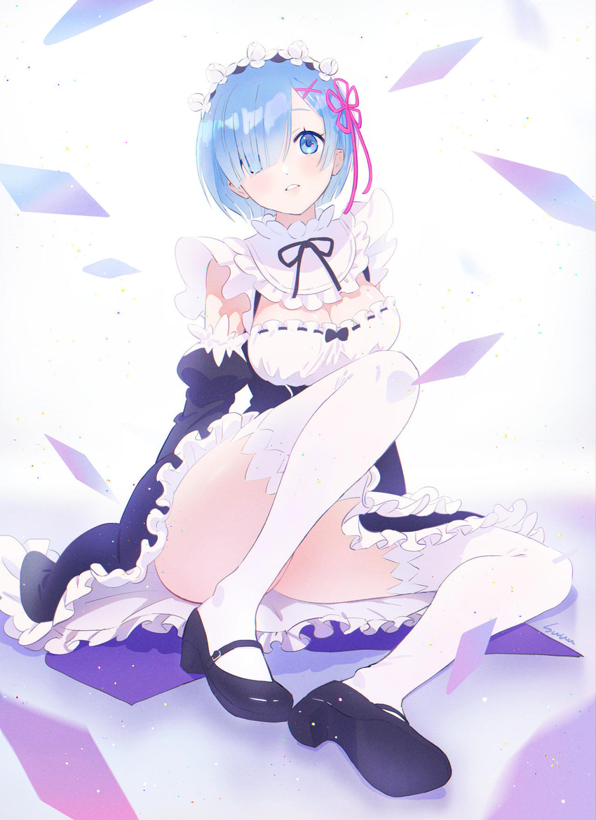 artist_name black_dress black_footwear black_ribbon blue_eyes blue_hair blush breasts cleavage commentary detached_sleeves dress eyes_visible_through_hair female frilled_dress frilled_sleeves frills full_body hair_ornament hair_over_one_eye hair_ribbon highres knee_up large_breasts legs long_sleeves looking_at_viewer maid maid_headdress mary_janes on_floor parted_lips pink_ribbon puffy_long_sleeves puffy_sleeves re:zero_kara_hajimeru_isekai_seikatsu rem_(re:zero) ribbon ribbon-trimmed_clothes ribbon-trimmed_dress ribbon_trim roswaal_mansion_maid_uniform shoes short_hair simple_background sitting solo sumustard teeth thighhighs two-tone_dress white_background white_dress white_thighhighs x_hair_ornament