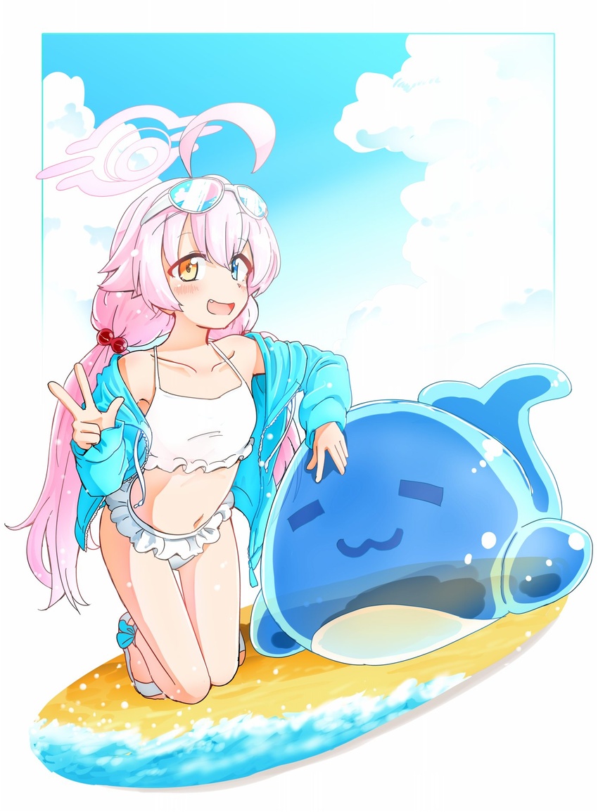 ahoge beach bikini blue_archive blue_eyes blue_jacket blush cloud collarbone day eyewear_on_head female flat_chest frilled_bikini frills hair_bobbles hair_ornament halo hariyaa heterochromia highres hoshino_(blue_archive) hoshino_(swimsuit)_(blue_archive) inflatable_toy jacket kneeling looking_at_viewer low_twintails navel oerba_yun_fang official_alternate_costume open_clothes open_jacket open_mouth outdoors sand sandals smile solo sunglasses swimsuit twintails w water white_bikini yellow_eyes