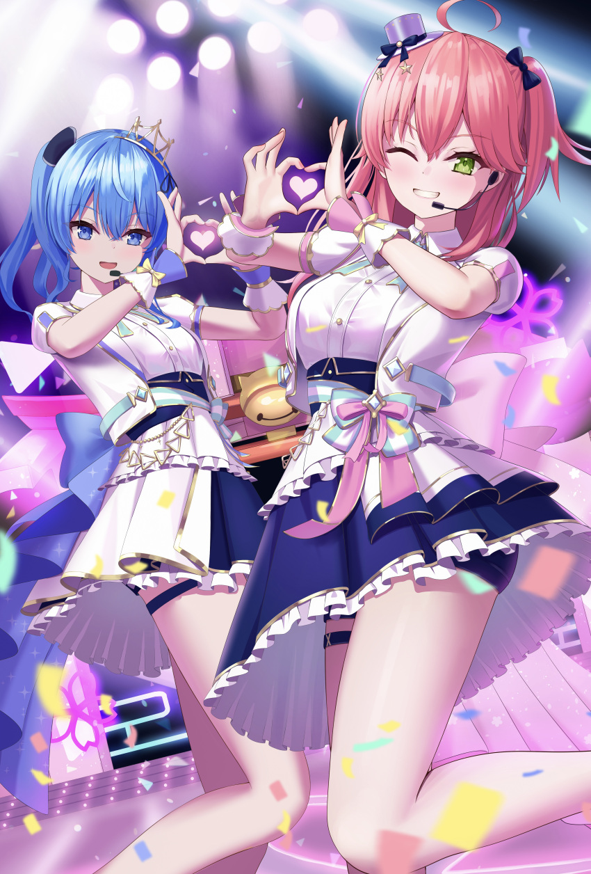 2girls ;d absurdres aqua_bow aqua_bowtie asakura_(asa_t77) back_bow blue_eyes blue_hair blue_skirt blush bow bow_skirt bowtie concert earpiece frilled_skirt frills green_eyes grin hat high_heels highres hololive hololive_idol_uniform_(bright) hoshimachi_suisei jacket large_bow layered_skirt long_hair micomet_(hololive) mini_hat mini_top_hat miniskirt multiple_girls one_eye_closed overskirt pink_hair sakura_miko sash shirt short_sleeves skirt smile stage standing standing_on_one_leg thigh_strap top_hat two-sided_fabric two-sided_skirt underbust virtual_youtuber waist_bow white_headwear white_jacket white_shirt white_skirt