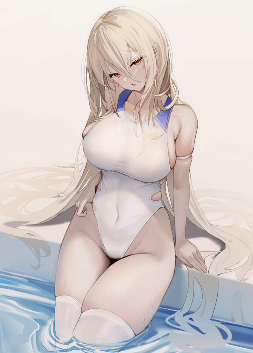 absurdres alternate_costume arm_strap azur_lane bare_shoulders blonde_hair breasts collarbone commission covered_navel daiiichukiii female finger_under_clothes furrowed_brow hair_between_eyes head_tilt highleg highleg_swimsuit highres hip_vent huge_breasts implacable_(azur_lane) long_hair looking_at_viewer one-piece_swimsuit parted_lips partially_submerged pixiv_commission red_eyes sideboob sitting skindentation solo swimsuit taut_clothes taut_swimsuit thick_thighs thighhighs thighs very_long_hair water wet white_one-piece_swimsuit white_thighhighs