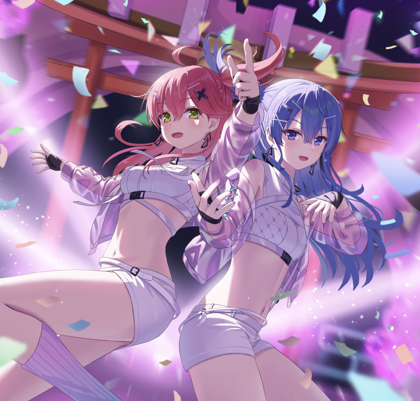 2girls absurdres ahoge arm_up asakura_(asa_t77) back-to-back beckoning black_gloves blue_eyes blue_hair blurry blurry_background breasts commentary_request confetti crop_top cropped_jacket dutch_angle earrings fingerless_gloves gloves green_eyes hair_between_eyes hair_ornament hairclip highres hololive hoshimachi_suisei jacket jewelry large_breasts long_sleeves looking_at_viewer micomet_(hololive) midriff multiple_girls nail_polish navel official_alternate_costume official_art one_side_up open_mouth purple_nails red_hair sakura_miko see-through see-through_jacket shirt shorts skirt sleeveless sleeveless_shirt small_breasts stage sugar_rush_(hololive) triangle_earrings upper_body virtual_youtuber white_jacket white_shorts white_skirt x_hair_ornament