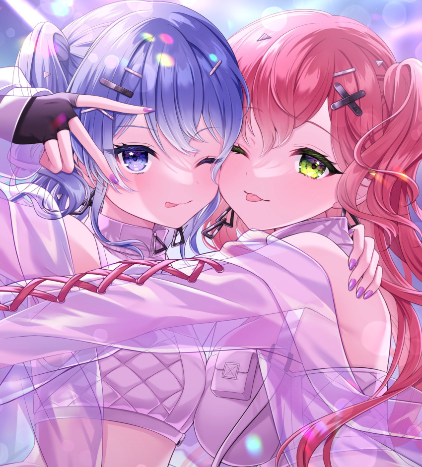 2girls ;p asymmetrical_docking black_gloves blue_eyes blue_hair blurry bokeh breast_press breasts commentary cross-laced_clothes cross-laced_sleeves depth_of_field fingerless_gloves gloves green_eyes hair_ornament hairclip highres hololive hoshimachi_suisei hug jacket long_hair long_sleeves micomet_(hololive) multiple_girls nail_polish official_alternate_costume one_eye_closed one_side_up pink_hair purple_nails sakura_miko see-through see-through_jacket shirt sleeveless sleeveless_shirt smile star_(symbol) star_in_eye sugar_rush_(hololive) symbol_in_eye tongue tongue_out upper_body usano v_over_eye virtual_youtuber x_hair_ornament yuri