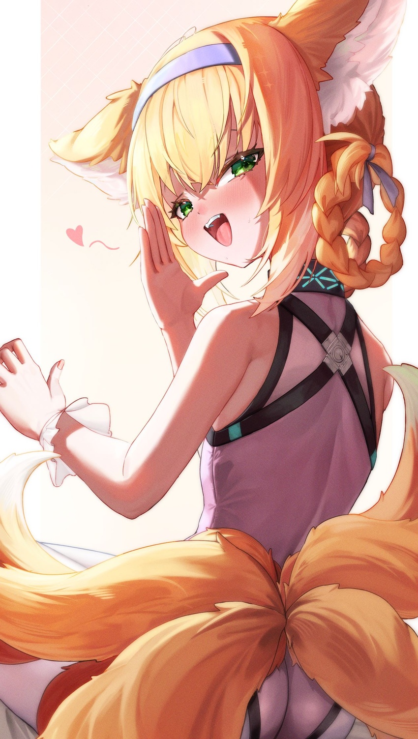 animal_ears arknights ass blonde_hair blush bodysuit braid braided_hair_rings commentary eason870408 female fox_ears fox_girl fox_tail from_behind green_eyes hair_ribbon hair_rings hairband hand_up heart highres looking_at_viewer looking_back multiple_tails nose_blush oerba_yun_fang open_mouth ribbon single_wrist_cuff solo suzuran_(arknights) tail wrist_cuffs