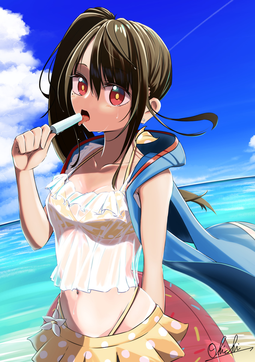 absurdres alternate_costume beach bikini black_hair blue_sky breasts c-ms_(flying_fish_assault)_(girls'_frontline) c-ms_(girls'_frontline) cloud collarbone day female food girls'_frontline highres holding holding_food innertube long_hair looking_at_viewer medium_breasts mole mole_under_eye navel ocean official_alternate_costume ohichi16 open_mouth outdoors popsicle red_eyes see-through see-through_shirt shirt side_ponytail skirt sky sleeveless sleeveless_jacket solo swim_ring swimsuit tongue tongue_out wet wet_clothes wet_shirt yellow_skirt