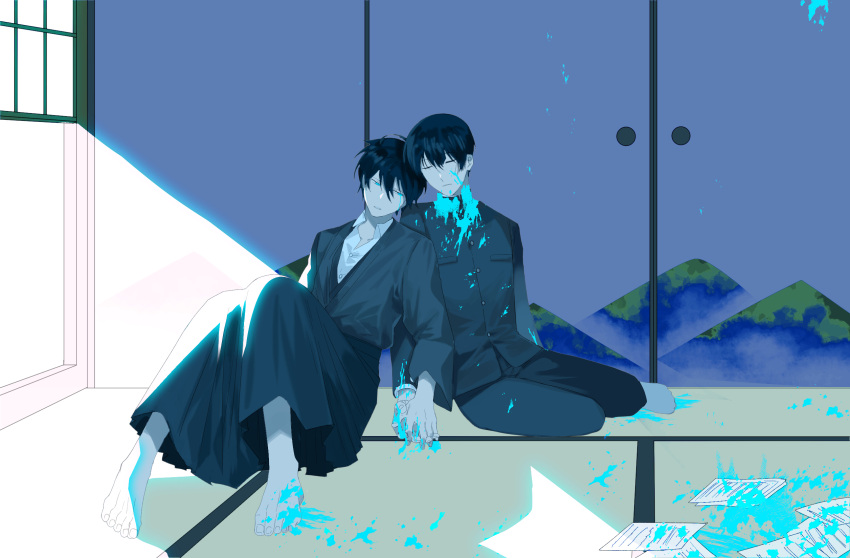 2boys barefoot black_hair blood blood_on_clothes blood_on_face blood_on_ground blood_on_hands blood_splatter blue_blood blue_eyes collared_shirt gakuran hakama haori highres holding_hands japanese_clothes koshotengai_no_hashihime male_focus minakami_(koshotengai_no_hashihime) multiple_boys paper school_uniform shirt short_hair shouji shrount sliding_doors tamamori_(koshotengai_no_hashihime) tatami white_shirt window