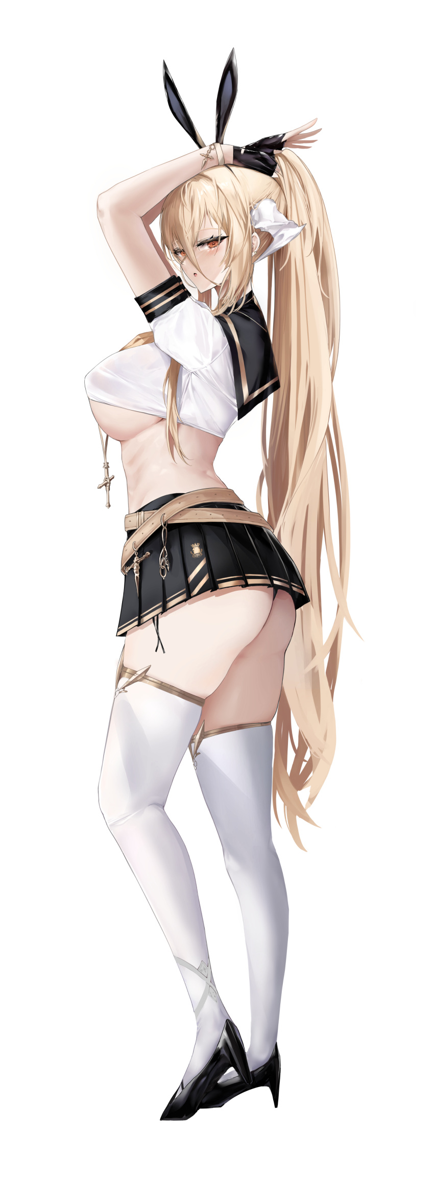 absurdres alternate_costume ass azur_lane black_footwear blonde_hair breasts female from_side hair_between_eyes high_heels highres horns implacable_(azur_lane) large_breasts looking_at_viewer orange_eyes pavi school_uniform serafuku shoes short_sleeves thong underboob underwear