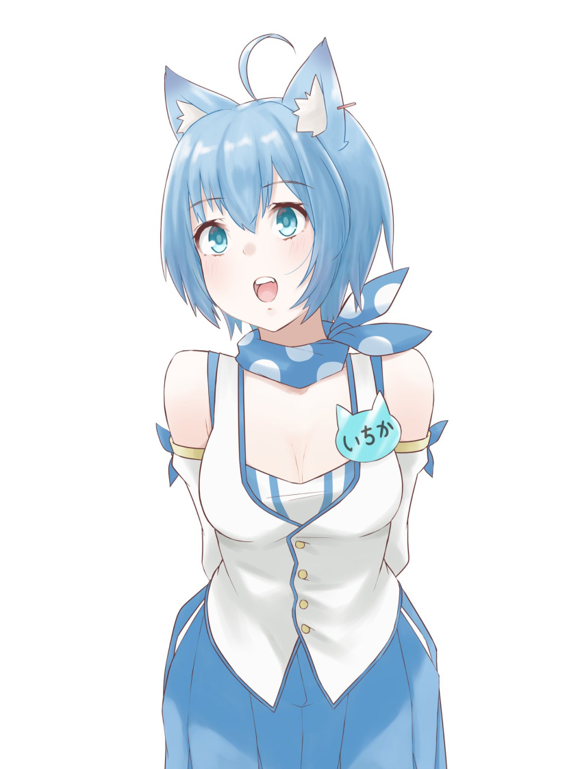 ahoge animal_ear_fluff animal_ear_piercing animal_ears arms_behind_back blue_dress blue_eyes blue_hair blue_scarf blush breasts buttons cleavage commentary_request cowboy_shot detached_sleeves dog_ears dog_girl dress earrings female highres jewelry looking_afar lovermoonlight medium_bangs medium_breasts name_tag nanashi_inc. open_mouth polka_dot polka_dot_scarf scarf short_hair simple_background single_earring sleeveless sleeveless_dress solo souya_ichika souya_ichika_(1st_costume) teeth upper_teeth_only vest virtual_youtuber white_background white_sleeves white_vest