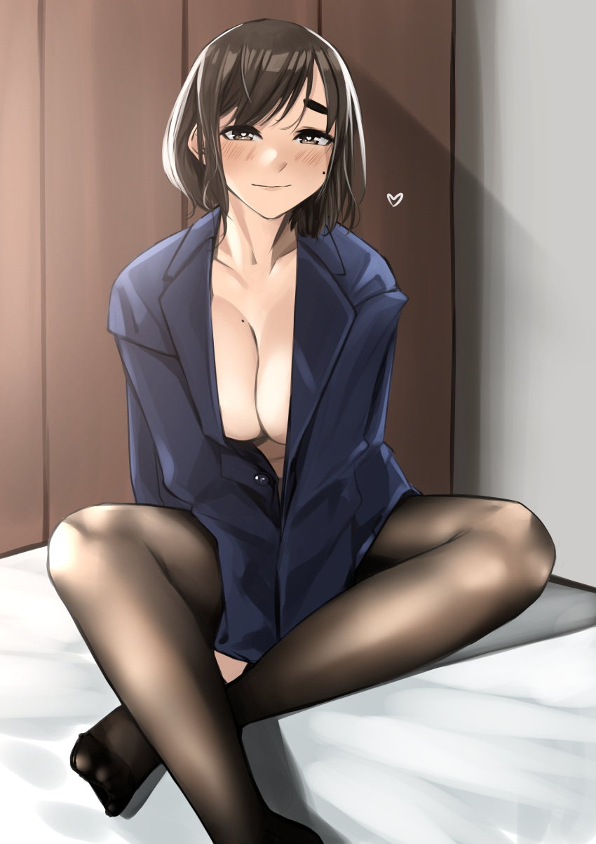 absurdres black_pantyhose blue_jacket blush breasts brown_eyes brown_hair closed_mouth commentary_request female ganbare_douki-chan heart heart-shaped_pupils highres indoors jacket kouhai-chan_(douki-chan) light_smile long_sleeves looking_at_viewer medium_breasts mole mole_on_breast mole_on_cheek no_bra open_clothes open_jacket pantyhose pupi_(rain_prophet) short_hair sitting solo symbol-shaped_pupils thick_eyebrows