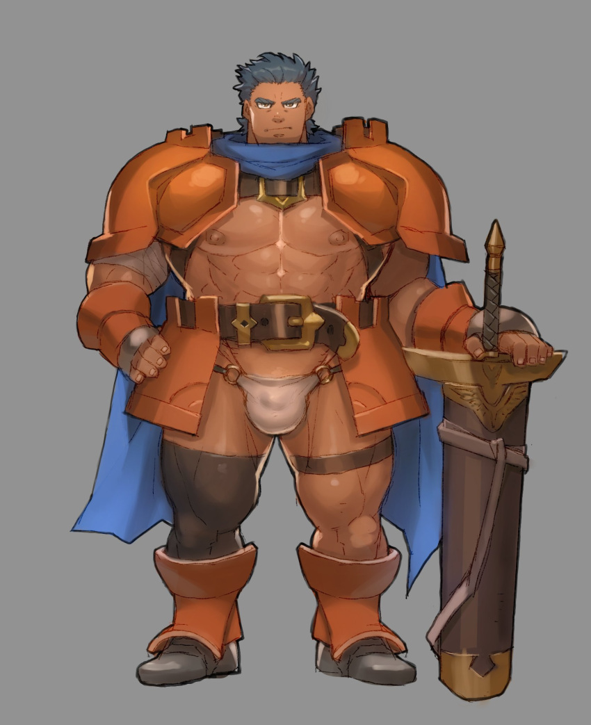 1boy abs armor bara bare_pectorals black_thighhighs blue_hair bulge chest_belt covered_penis dark-skinned_male dark_skin full_body gamma_dh highres large_pectorals looking_at_viewer male_focus mature_male muscular muscular_male nipples original pauldrons pectorals planted planted_sword revealing_clothes sanpaku short_hair shoulder_armor single_thighhigh solo strongman_waist sword thick_eyebrows thick_thighs thighhighs thighs tsurime weapon