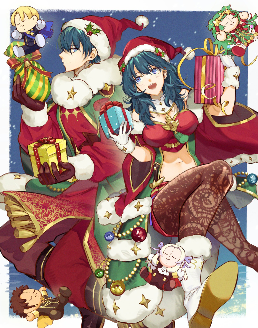 1boy black_gloves blue_eyes blue_hair breasts brooch byleth_(female)_(fire_emblem) byleth_(female)_(frosty_professor)_(fire_emblem) byleth_(fire_emblem) byleth_(male)_(fire_emblem) byleth_(male)_(frosty_professor)_(fire_emblem) character_doll christmas claude_von_riegan commentary dimitri_alexandre_blaiddyd edelgard_von_hresvelg female fire_emblem fire_emblem:_three_houses fire_emblem_heroes gift gloves hat highres holly jewelry kh_(tanakananataka) medium_breasts midriff navel official_alternate_costume open_mouth pantyhose santa_hat smile sothis_(fire_emblem) sothis_(winter)_(fire_emblem) symbol-only_commentary white_gloves