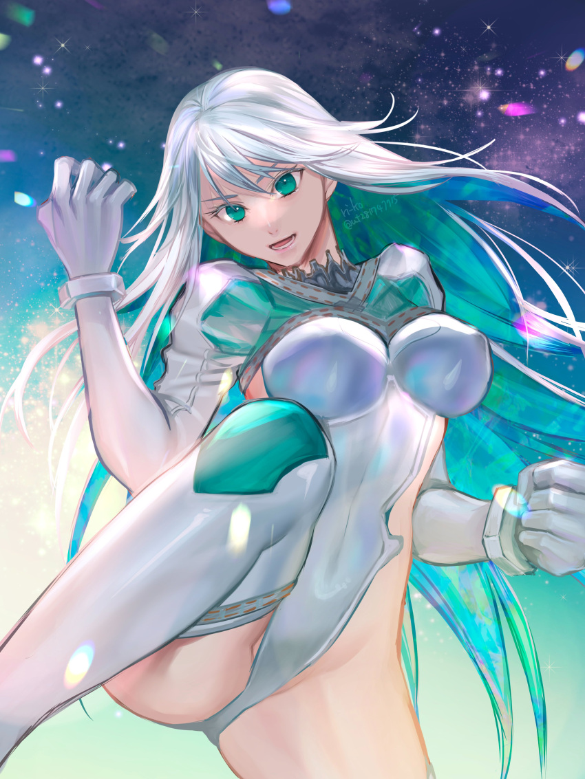 absurdres breasts clenched_hand colored_inner_hair covered_navel covered_nipples fate/grand_order fate_(series) female green_eyes green_hair grey_hair highleg highres kukulkan_(fate) kukulkan_(second_ascension)_(fate) large_breasts leg_up long_hair multicolored_hair ri-ko solo