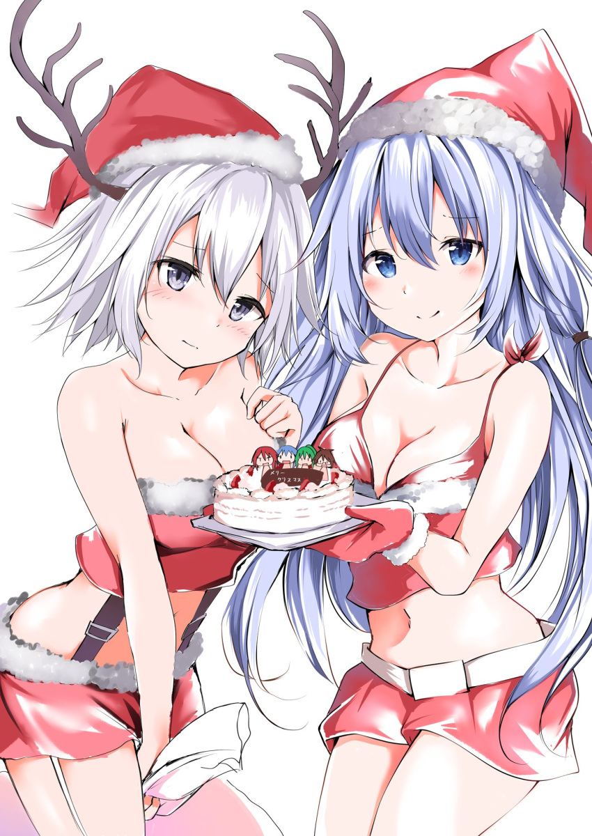 2girls aussa_(yu-gi-oh!) aussa_the_earth_charmer bare_shoulders blue_eyes breasts cake camisole character_doll cleavage duel_monster eria_(yu-gi-oh!) fake_antlers food gloves grey_eyes hat highres hiita_(yu-gi-oh!) hiita_the_fire_charmer holding holding_cake holding_food kuromiko_shoujo long_hair lyna_(yu-gi-oh!) lyna_the_light_charmer miniskirt multiple_girls red_camisole red_gloves red_skirt santa_hat short_hair skirt strapless suspender_skirt suspenders tube_top white_hair wynn_(yu-gi-oh!) wynn_the_wind_charmer yu-gi-oh!