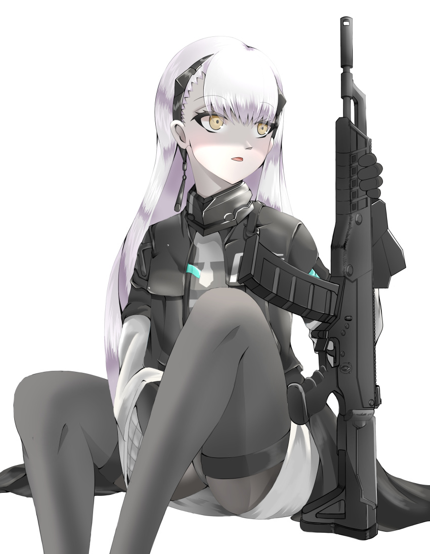 absurdres ak-alfa ak-alfa_(girls'_frontline) assault_rifle black_jacket female girls'_frontline gun headgear highres jacket long_hair orange_eyes pantyhose rifle sitting user_nvnc7485 weapon white_hair