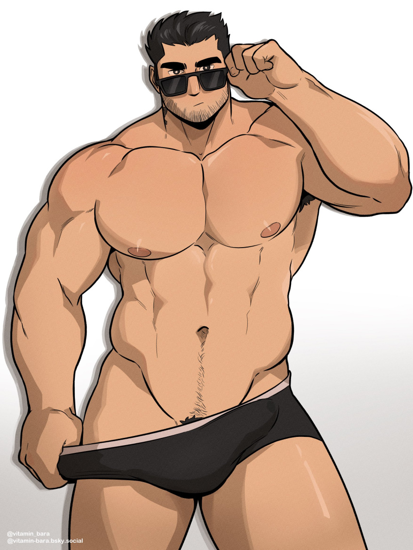 1boy abs armpit_hair armpit_hair_peek bara black_hair black_male_underwear bulge closed_mouth erection erection_under_clothes facial_hair feet_out_of_frame groin highres huge_pectorals looking_at_viewer looking_over_eyewear lucas_lee male_focus male_pubic_hair male_underwear male_underwear_pull muscular muscular_male navel nipples pectorals precum pubic_hair pulling_own_clothes scott_pilgrim_(series) scott_pilgrim_takes_off short_hair solo sparse_navel_hair standing strongman_waist sunglasses thick_thighs thighs underwear vit_(vitamin_bara)