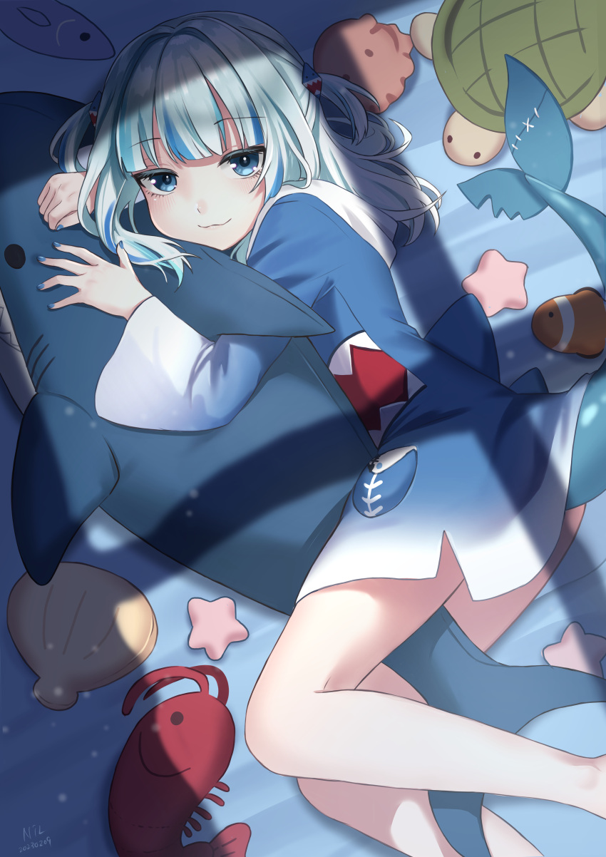 :3 absurdres blue_eyes blue_hair feet_out_of_frame female fins fish_tail gawr_gura gawr_gura_(1st_costume) highres hololive hololive_english hood hoodie long_hair looking_at_viewer lying nail_polish nil_(pixiv_53614557) on_side shadow shark_girl shark_tail smile solo star_(symbol) stuffed_animal stuffed_fish stuffed_octopus stuffed_shark stuffed_toy stuffed_turtle tail two_side_up virtual_youtuber white_hair