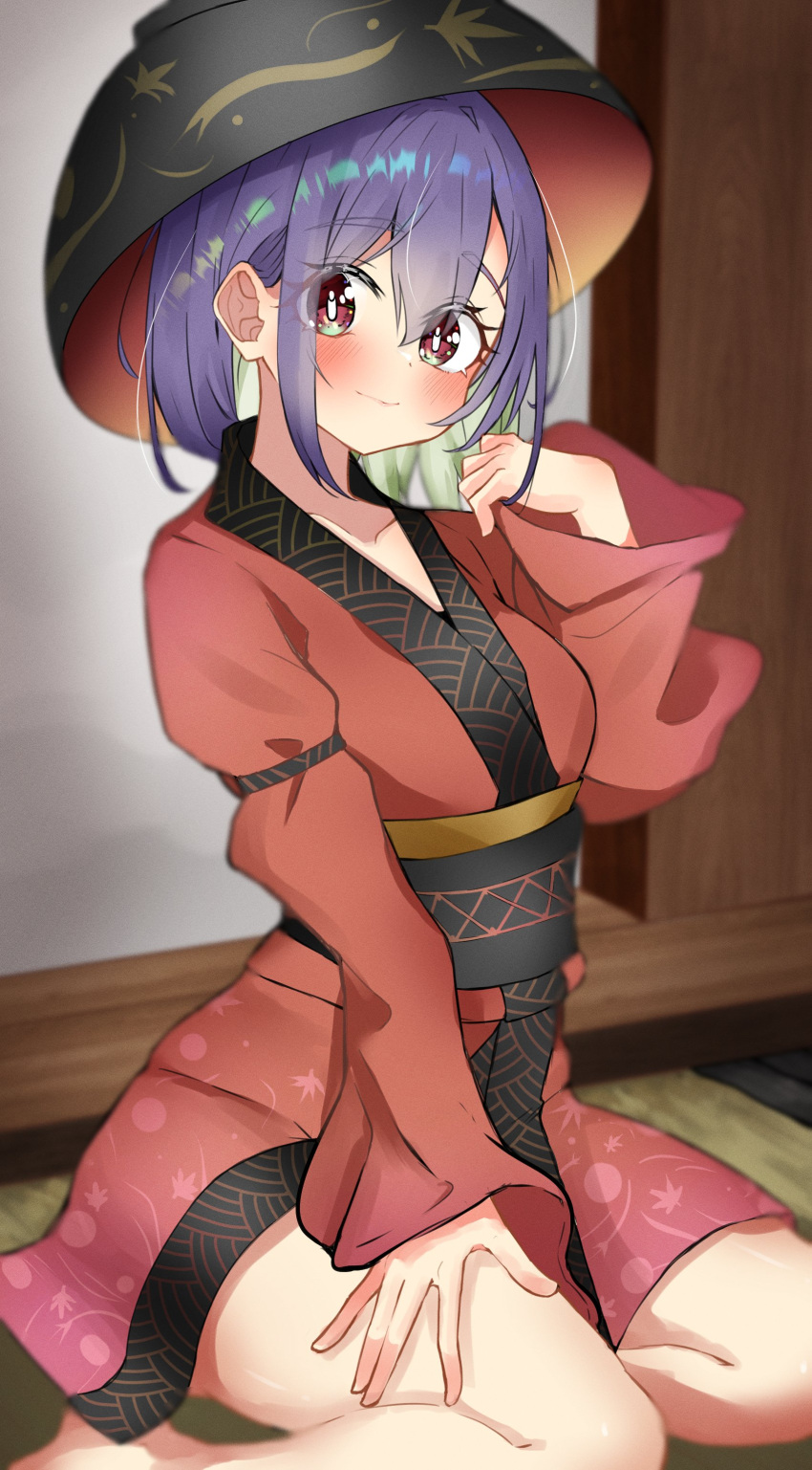 absurdres aliz_wp514lov alternate_size blush bowl bowl_hat eyes_visible_through_hair feet_out_of_frame female full_body hair_between_eyes hand_on_own_thigh hand_up hat highres indoors japanese_clothes kimono kneeling long_sleeves looking_at_viewer obi purple_hair red_eyes sash short_hair sidelocks smile sukuna_shinmyoumaru tatami thighs touhou wide_sleeves