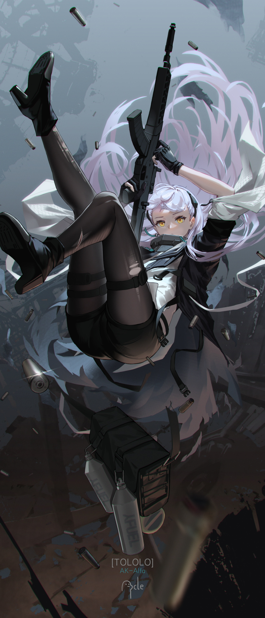 absurdres ak-alfa ak-alfa_(girls'_frontline) ancle_(aruncle) artist_name assault_rifle bag black_jacket character_name falling female girls'_frontline girls'_frontline_2:_exilium gloves gun headgear highres holding holding_gun holding_weapon jacket long_hair open_clothes open_jacket orange_eyes pantyhose partially_fingerless_gloves rifle thigh_strap weapon white_hair