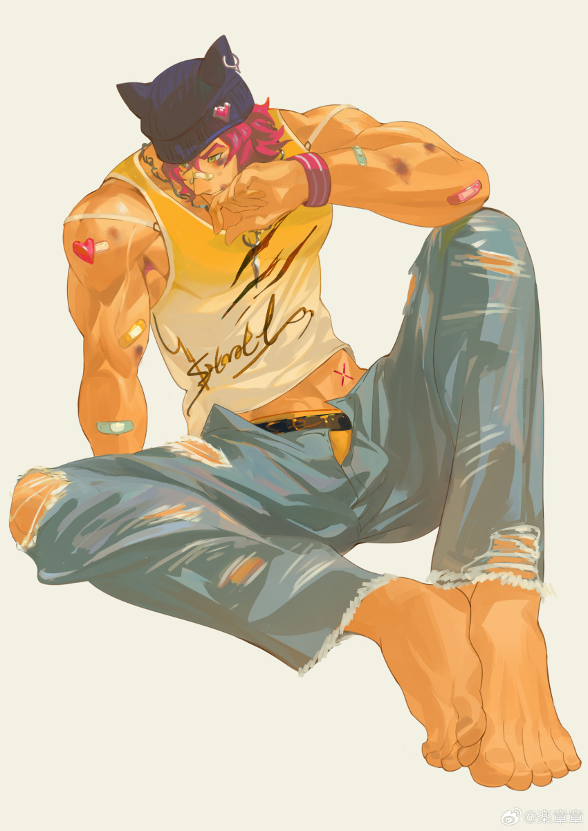 absurdres animal_ear_headwear animal_ears bandaid bandaid_on_arm bandaid_on_face bandaid_on_nose barefoot beanie bruise denim fake_animal_ears feet foreshortening hat highres injury jeans le_zhang_zhang league_of_legends looking_to_the_side male_focus male_underwear male_underwear_peek midriff_peek open_fly pants red_hair sett_(league_of_legends) short_hair thick_eyebrows toes torn_clothes torn_jeans torn_pants underwear veiny_crotch yellow_male_underwear