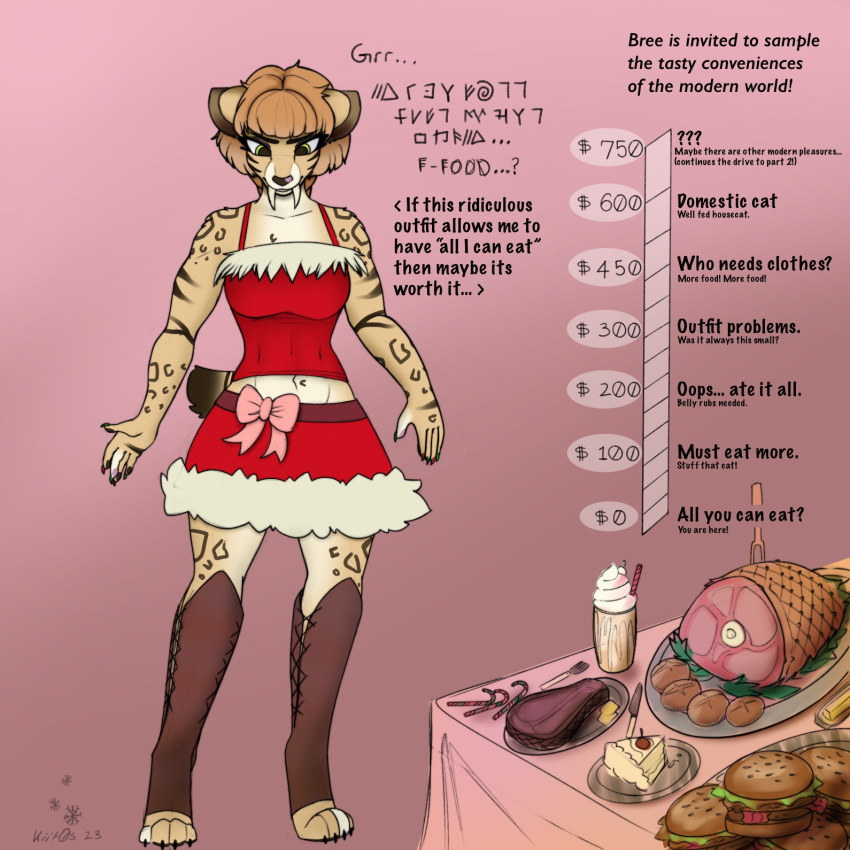 1:1 accessory anthro beef belly beverage bottomwear bow_accessory bow_ribbon braided_hair braided_ponytail bread breasts bree_(kiit0s) burger butter cake candy candy_cane cherry christmas christmas_clothing claws clothed clothing cutlery dairy_products dessert dialogue digital_media_(artwork) digitigrade donation_drive english_text extinct fangs felid feline female festive food fork fruit fur fur_pattern furniture growth_drive hair ham hi_res holidays kiit0s kitchen_utensils knife legwear looking_down mammal meat midriff milkshake miniskirt navel painted_claws paws plant ponytail pork prehistoric_species red_clothing ribbons saber-toothed_tiger simple_background skirt smilodon solo standing steak stuffing table tail teeth text tools topwear weight_gain_drive