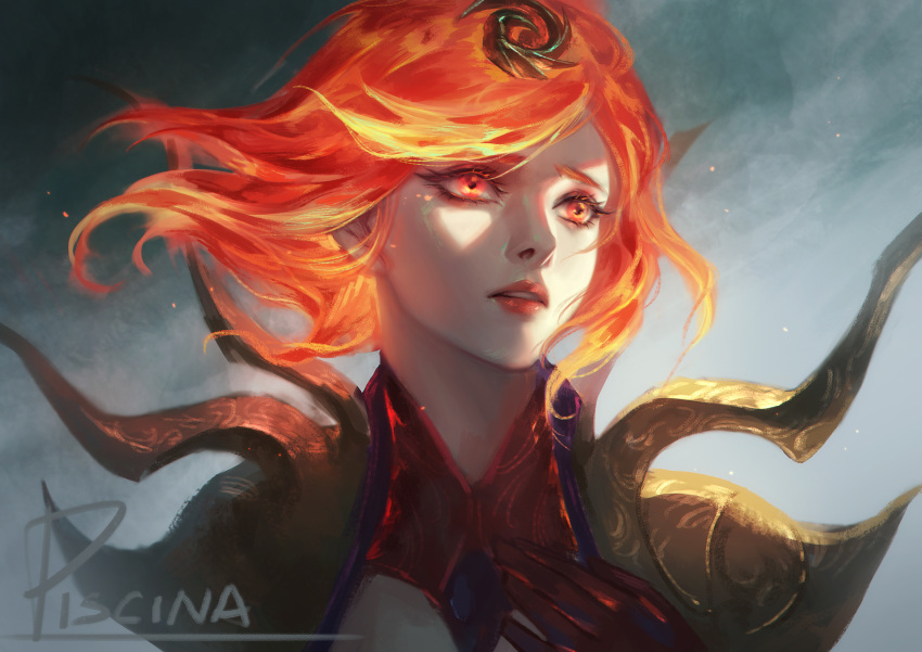 absurdres artist_name elementalist_lux female fire_elementalist_lux grey_background hair_ornament highres league_of_legends lipstick looking_at_viewer lux_(league_of_legends) makeup official_alternate_costume orange_hair piscina red_eyes red_hair solo upper_body