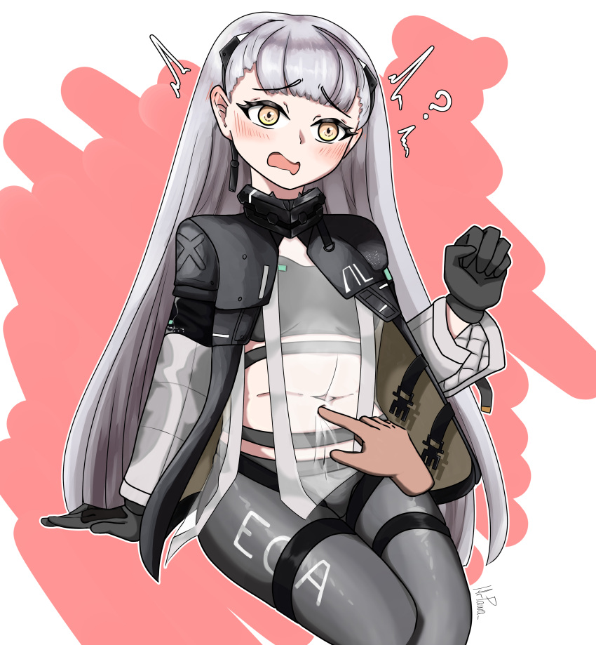 ? ^^^ absurdres ak-alfa_(girls'_frontline) black_jacket blush covered_navel dress female girls'_frontline gloves headgear highres invisible_chair jacket long_hair mrpawa open_mouth orange_eyes pantyhose see-through see-through_dress signature sitting surprised white_hair