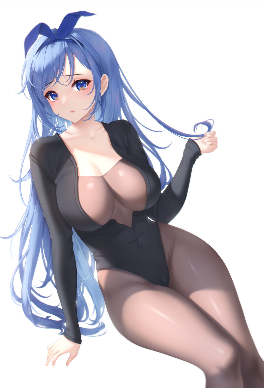 absurdres bae_minah_(chaesu) black_leotard blue_eyes blue_hair blue_ribbon bodystocking borrowed_character breasts cleavage commentary feet_out_of_frame female groin hair_ribbon hand_up highres large_breasts leotard long_hair long_sleeves original ribbon simple_background sitting solo thighs very_long_hair white_background yaomeii