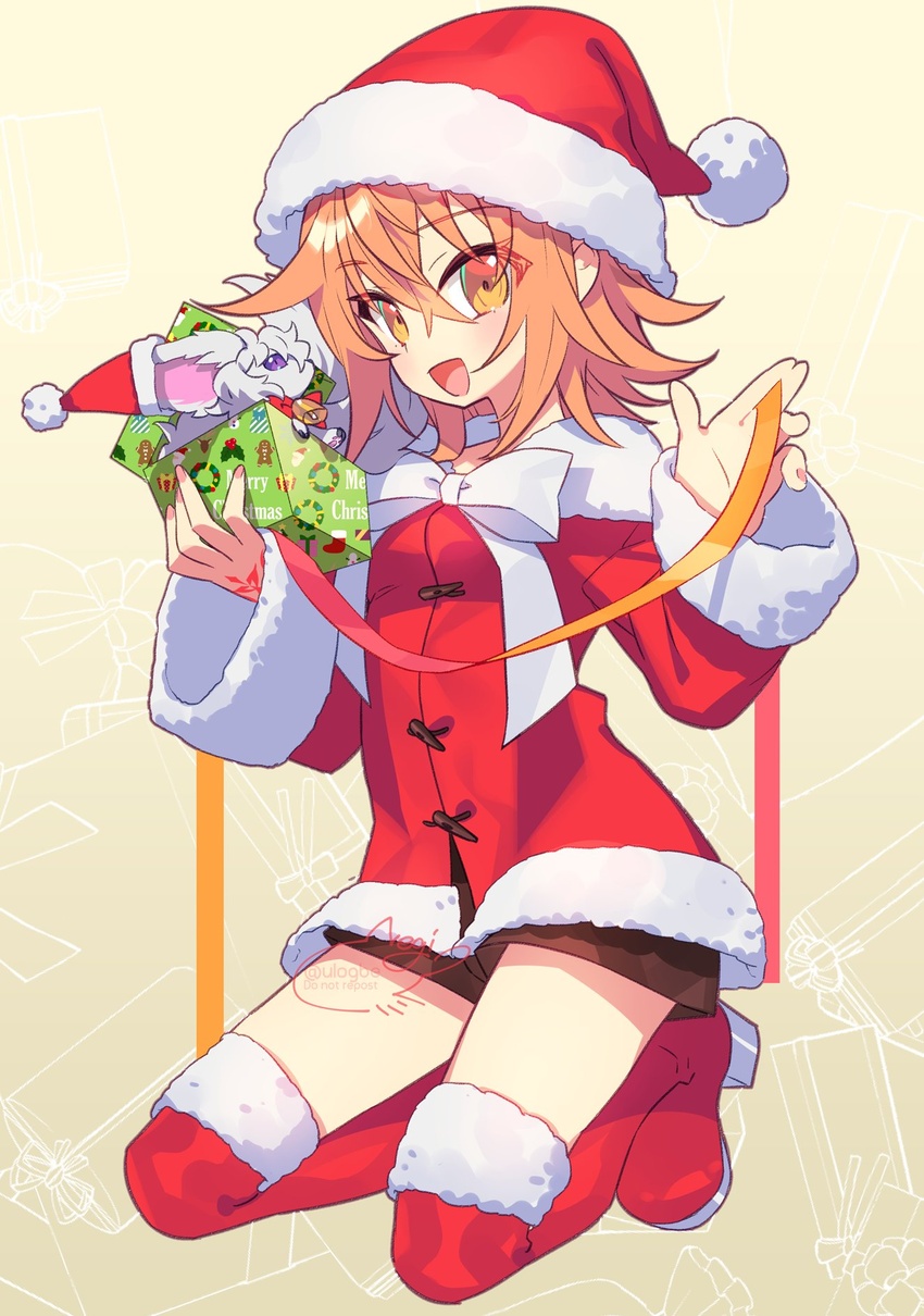 :d ahoge black_shorts boots box breasts christmas command_spell dress fate/grand_order fate_(series) female fujimaru_ritsuka_(female) fujimaru_ritsuka_(female)_(white_christmas) fur-trimmed_dress fur-trimmed_headwear fur_trim gift gift_box hat highres kneeling looking_at_viewer negi_(ulog'be) open_mouth orange_eyes orange_hair red_dress red_footwear red_hat santa_costume santa_dress santa_hat short_hair shorts small_breasts smile solo thigh_boots