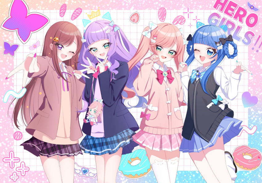 4girls :d ;d alternate_costume alternate_hairstyle aqua_eyes blue_eyes blue_hair blue_skirt blush bow braided_hair_rings brown_hair cardigan commentary cure_majesty cure_prism double_v ellee-chan english_commentary english_text eyelashes green_eyes gyaru hair_ornament hair_rings hairbow hairclip happy highres hijiri_ageha hirogaru_sky!_precure kogal kuromi leg_warmers long_hair long_sleeves looking_at_viewer multiple_girls my_melody nananaya7370 nijigaoka_mashiro one_eye_closed onegai_my_melody open_mouth pink_hair pink_nails pink_skirt precure purple_eyes purple_hair purple_skirt ribbon sanrio school_uniform shirt skirt smile sora_harewataru standing thighhighs thighs twintails v wavy_hair white_shirt white_thighhighs yuunagi_tsubasa yuunagi_tsubasa_(bird)