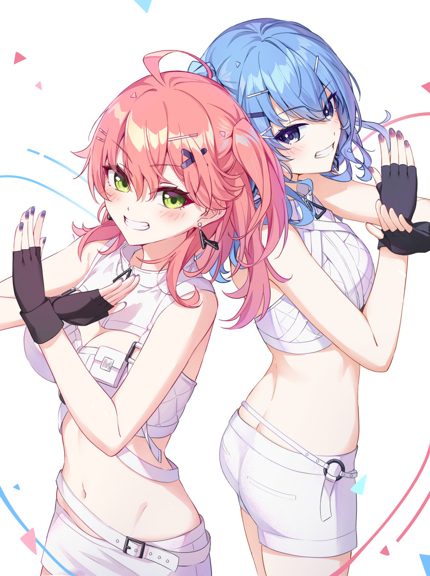 2girls absurdres ahoge bare_shoulders belt black_gloves blue_eyes blue_hair blush breasts butt_crack cleavage_cutout clothing_cutout commentary crop_top double-parted_bangs fingerless_gloves gloves grin groin hair_ornament hairclip high_collar highres hololive hoshimachi_suisei long_hair long_sleeves looking_at_viewer median_furrow medium_breasts micomet_(hololive) midriff miniskirt multiple_girls navel no_jacket off_shoulder official_alternate_costume one_side_up pink_hair sakura_miko shirt shorts skirt sleeveless sleeveless_shirt smile star_(symbol) star_in_eye sugar_rush_(hololive) symbol_in_eye tang-du turtleneck virtual_youtuber white_background white_shorts white_skirt x_arms x_hair_ornament zipper_pull_tab