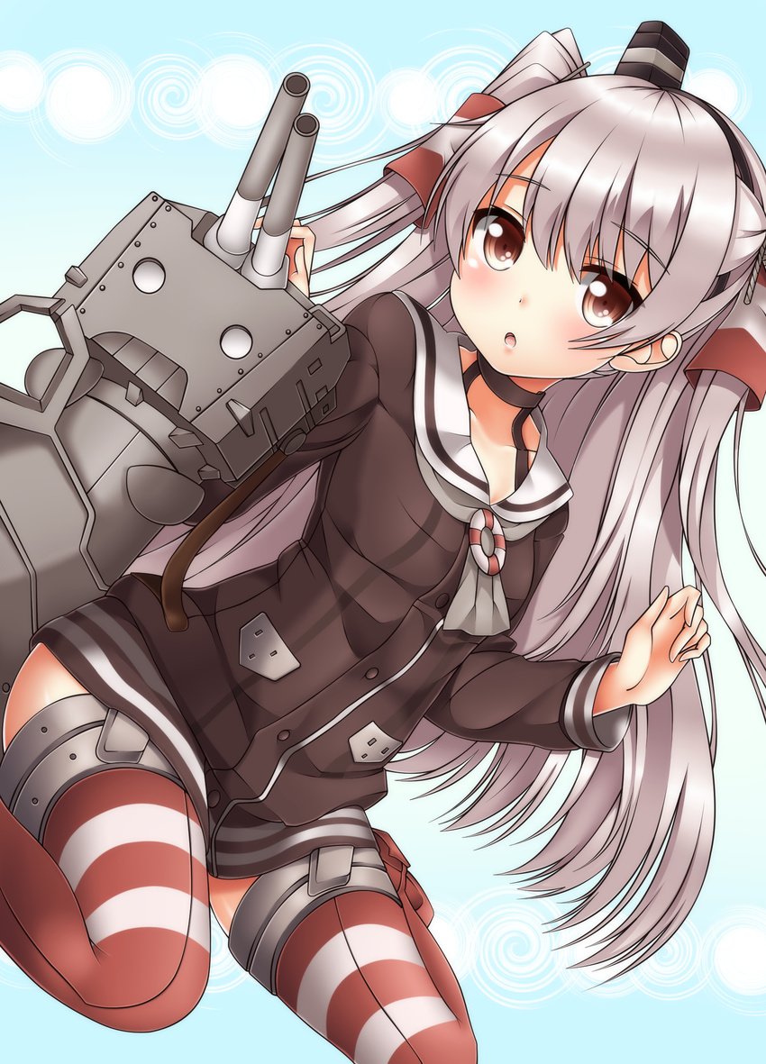 absurdres amatsukaze_(kancolle) black_dress brown_eyes commentary_request dress female grey_hair hairband hat highres kantai_collection long_hair mini_hat oooqqq open_mouth red_thighhighs rensouhou-kun sailor_dress see-through short_dress sitting solo thighhighs very_long_hair