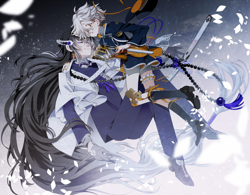 2boys absurdly_long_hair bad_id bad_pixiv_id beads black_hair blue_legwear bridal_garter closed_eyes crossed_legs gloves gokotai gokotai_(kiwame) gradient_hair hair_over_one_eye hat janirotluvx juzumaru_tsunetsugu katana kneehighs long_hair looking_back low-tied_long_hair male_focus multicolored_hair multiple_boys petals short_sword shorts smile socks sword tantou touken_ranbu unworn_hat unworn_headwear very_long_hair weapon white_gloves white_hair yellow_eyes