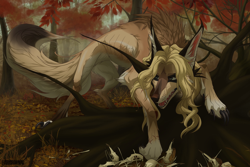 blonde_hair claws day detailed_background digitigrade feral feral_with_hair fluffy fluffy_tail fur green_eyes hair long_ears mammal maocrowhard nude open_mouth outside solo standing tail tan_body tan_fur teeth tongue