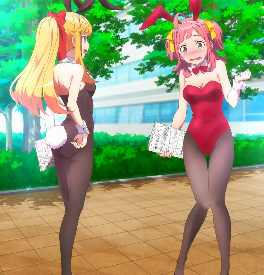 2girls anime-gataris asagaya_minoa blonde_hair cleavage kamiigusa_arisu medium_breasts pink_hair ponytail screencap stitched