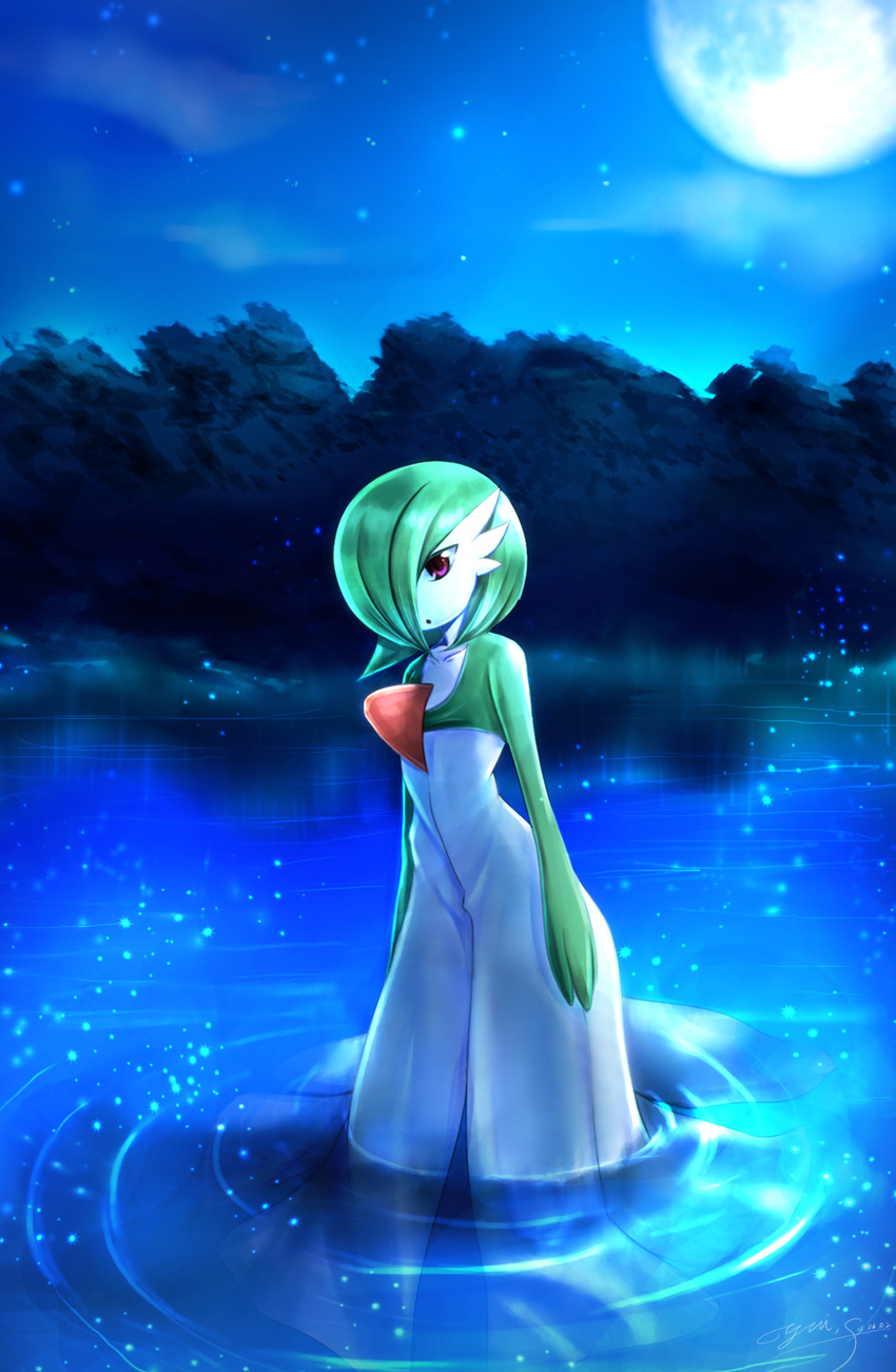 cool_colors detailed_background female forest gardevoir generation_3_pokemon hi_res lagoon mammal moon night nintendo not_furry outside plant pokemon pokemon_(species) sky solo sparkles standing tree water yuitsuki1206