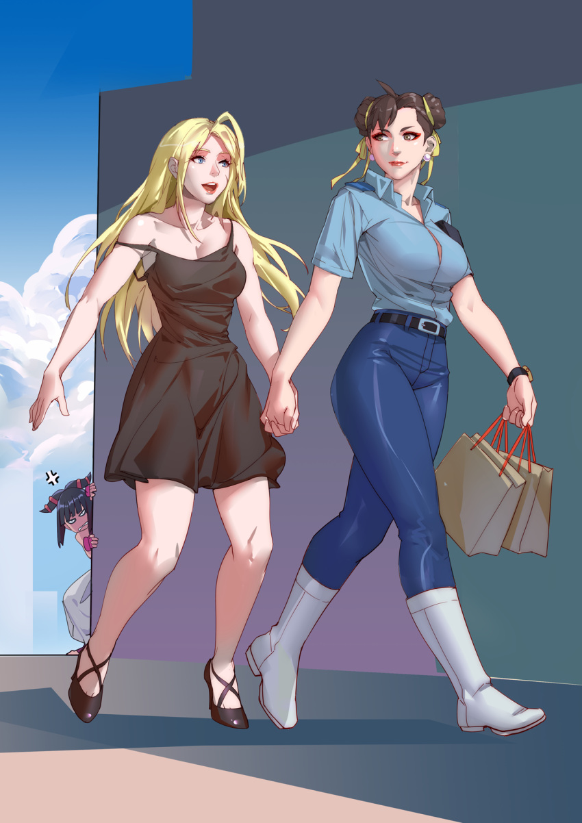 3girls age_difference angry_face asian_female best_friends blonde_hair cammy_white capcom caucasian_female chun-li chunlifan cute dress fully_clothed handholding happy high_heels interracial_yuri jealous juri_han non-sexual open_mouth shopping_bag stalking street_fighter street_fighter_iv street_fighter_v walking wholesome yuri