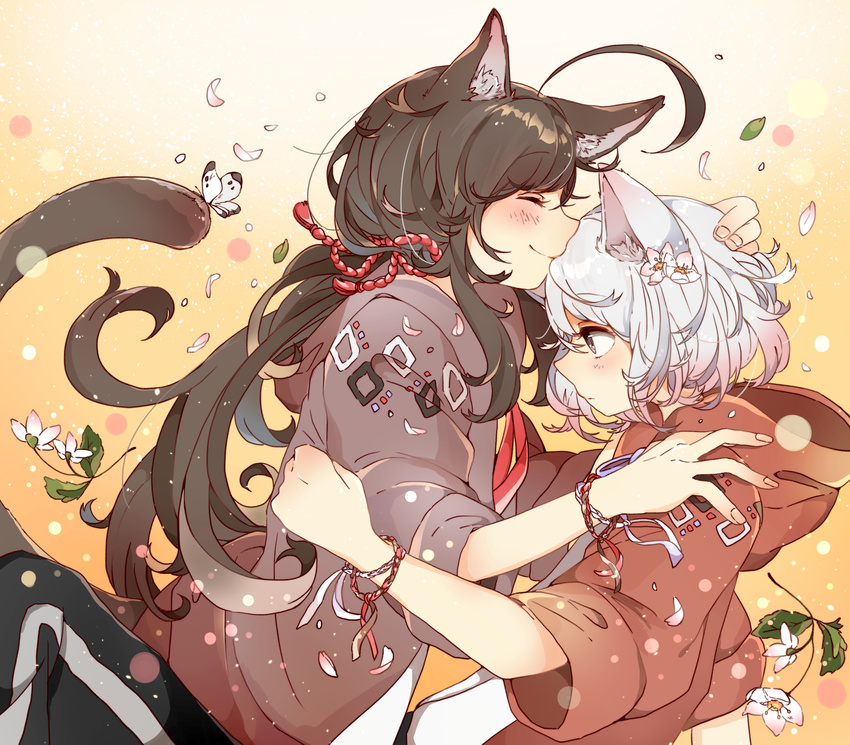 2boys absurdres ahoge animal_ears bad_id bad_pixiv_id black_hair bug butterfly cat_ears cat_tail closed_eyes flower highres hiro_(14806390) honebami_toushirou hood hoodie kemonomimi_mode male_focus multiple_boys namazuo_toushirou petals ponytail purple_eyes smile tail touken_ranbu white_hair