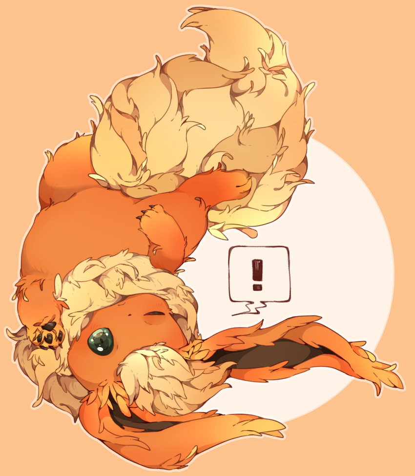 ! absurdres bad_id bad_pixiv_id flareon green_eyes highres hiro_(14806390) lying no_humans on_back one_eye_closed pokemon pokemon_(creature) spoken_exclamation_mark